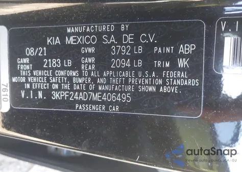 2021 Kia Forte Lxs из США, поврежденный, VIN 3KPF24AD7ME406495